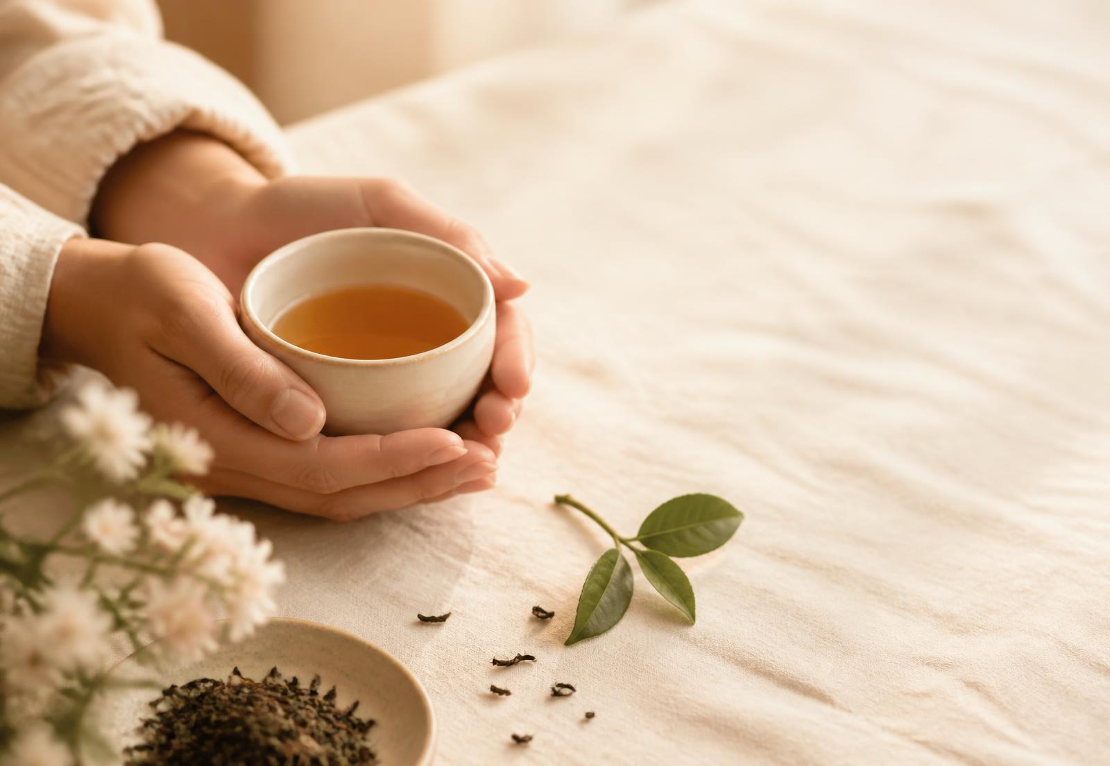 Hands cradling a ceramic cup of freshly steeped loose-leaf tea